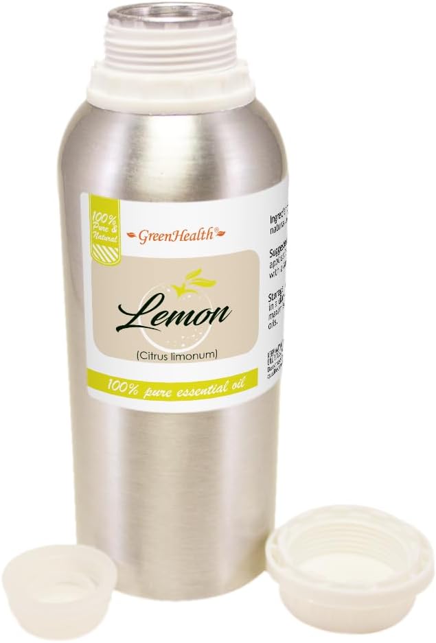 GreenHealth Lemon Essential Oil 8 fl oz (237 ml) – 100% Pure – Aluminum Bottle w/Plug Cap – Fresh Citrus Aroma for Diffusers, Candle & Soap Making, DIY Crafts (Pack of 2)