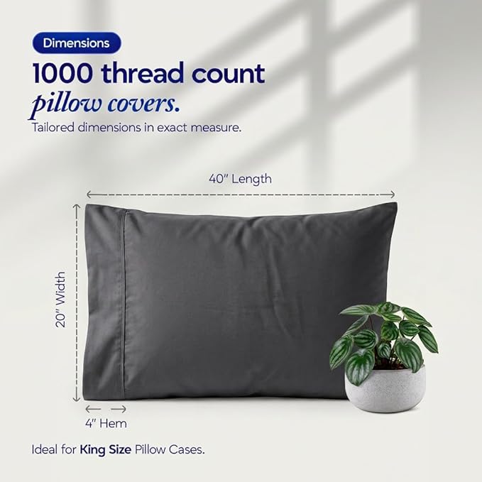 1000 TC Pillowcases Set of 4 100% Egyptian Cotton Pillow Cases with Long Staple Cotton & Sateen Weave, Silky Soft Hotel Like Bed Pillow Covers, Snug Fit (Dark Gray, 4 Pc King)