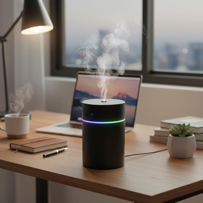 Car Humidifier with Lights, 300ML Essential Oil Diffuser USB Powered with 2 Mist Modes, Portable Air Freshener for Desktop Bedroom Office Travel (Black)