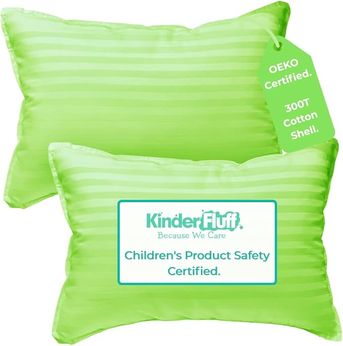kinder Fluff Pre-Teen Pillow 2X–Certified Hypoallergenic Award Winning Youth Pillow (no Pillowcase Needed) 300TC Pure Cotton Shell and Down Alternative Fill. Toddler Bedding Kids Pillow 12+ Green