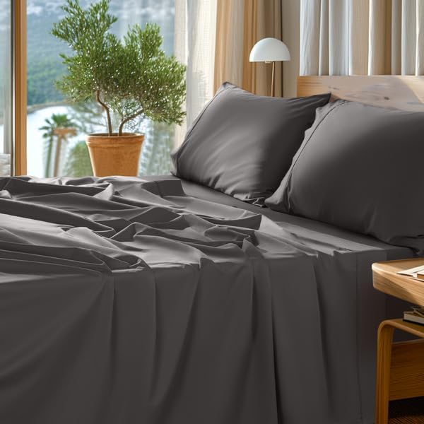 SONORO KATE 100% Egyptian Cotton Sheets Set - 1000 High Thread Count, Luxury 5-Star Hotel Sateen Bed Sheets, Soft, Breathable Long Staple Sheets, Fit up to 16" - 4 PC (Dark Grey,California King)