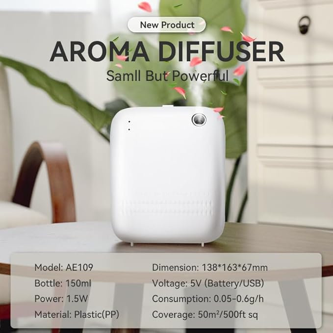 Waterless Essential Oil Diffuser, 1000 Sq.Ft Cold Air Scent Machine for Home Hotel, 150ml Wall Mount Aroma Diffuser, Battery/USB Operated, No-Noise Gift for Her (White)