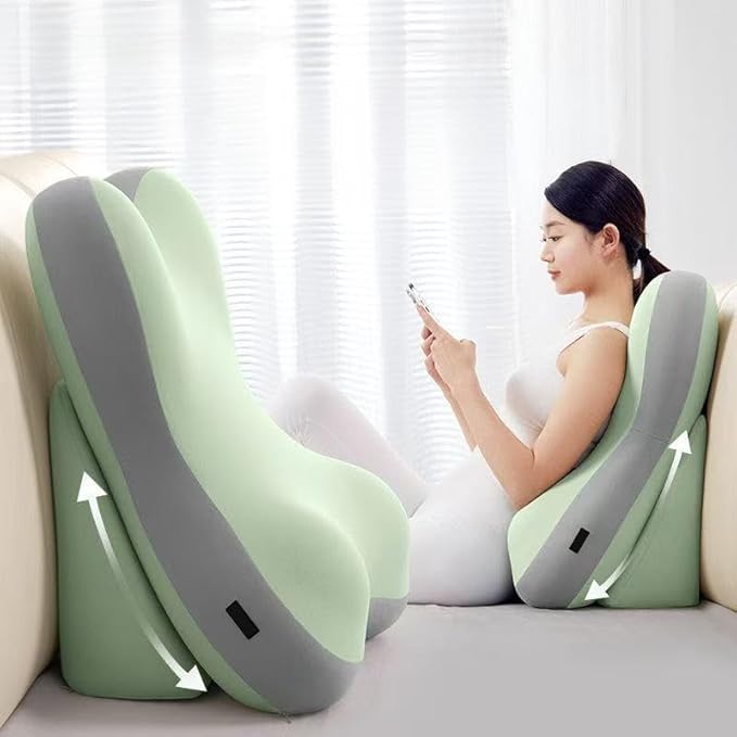 Ergonomic Pillow for Back Pain Relief Adult 3 Zone Support Cushion with Memory Foam core, Removable Washable Bedspread, Reading Pillow, Office Chair for Sciatica and Coccyx Comfort (Green)