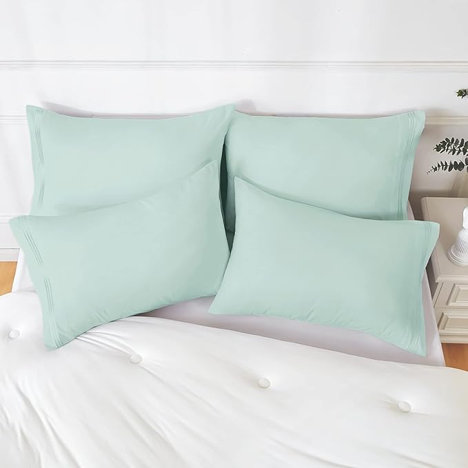 YIYEA California King Pillow Cases Set of 4, Ultra Soft 1800TC Hotel Quality Double Brushed Microfiber Embroidered Pillowcases, Envelope Closure, Fade Resistant (20"x40", Aqua)