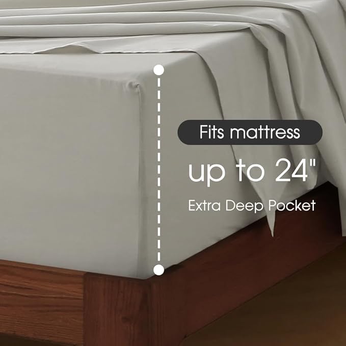 HYPREST 100% Cotton Percale Sheets Queen Size - 18-24 Extra Deep Pocket Bed Sheet Set Queen, Crisp & Breathable Cooling Bedding (Greige)