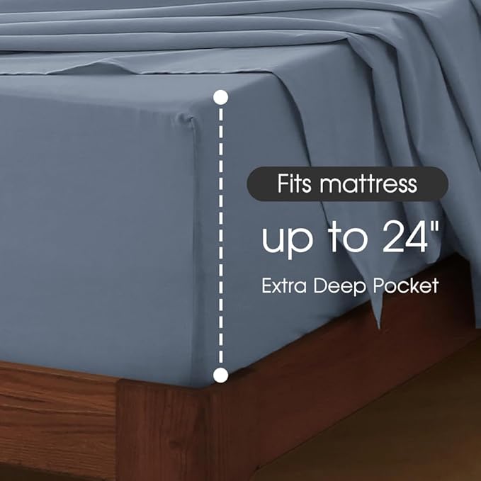 HYPREST 100% Cotton Percale Sheets King Size - 18-24 Extra Deep Pocket Bed Sheet Set King, Crisp & Breathable Cooling Bedding (Dusty Blue, Queen)