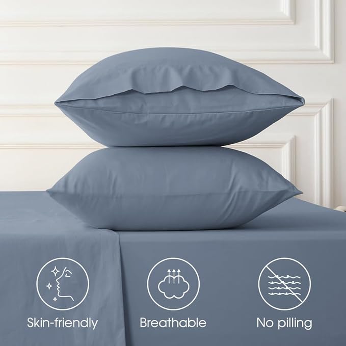 HYPREST 100% Cotton Percale Sheets Queen Size - 18-24 Extra Deep Pocket Bed Sheet Set Queen, Crisp & Breathable Cooling Bedding (Dusty Blue)