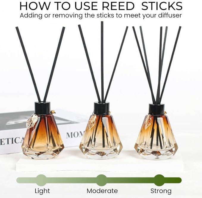 Reed Diffuser Set - 4 Empty Bottles with 20 Sticks, Delicate Gold Leaf Decor, Glass Fragrance Diffuser with Lids for Home, Bathroom | Refillable, Diamond Style (4 PCS Black)