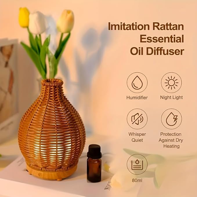 Essential Oil Diffuser - Rattan Humidifier,Multifunction Aromatherapy Diffuser with Warm Light 80ML Cool Mist Humidifier Waterless Auto Shut-off for Home,Baby Bedroom,Office