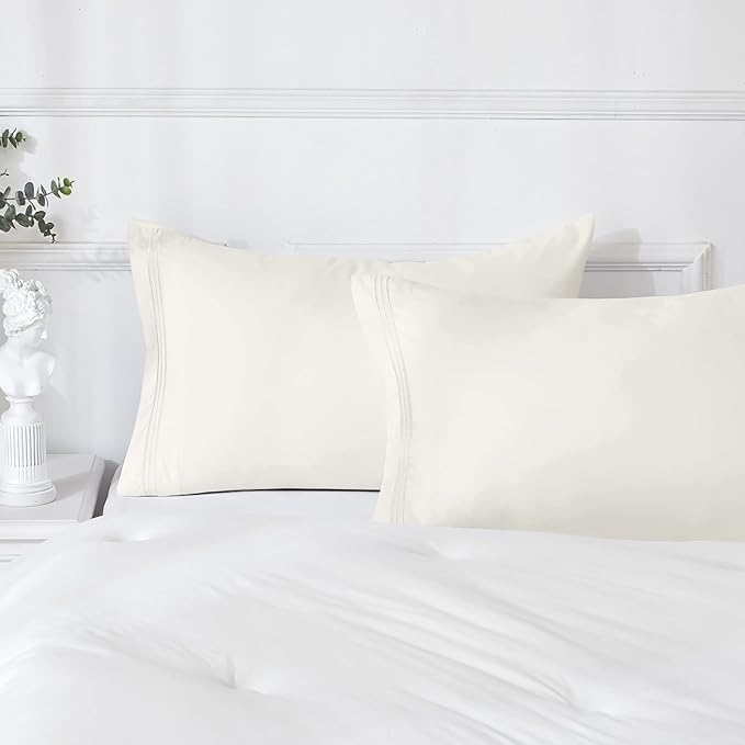 YIYEA Pillow Cases Queen Size Set of 4, Ultra Soft 1800TC Hotel Quality Double Brushed Microfiber Embroidered Pillowcases, Envelope Closure, Fade Resistant (20"x30", Ivory)