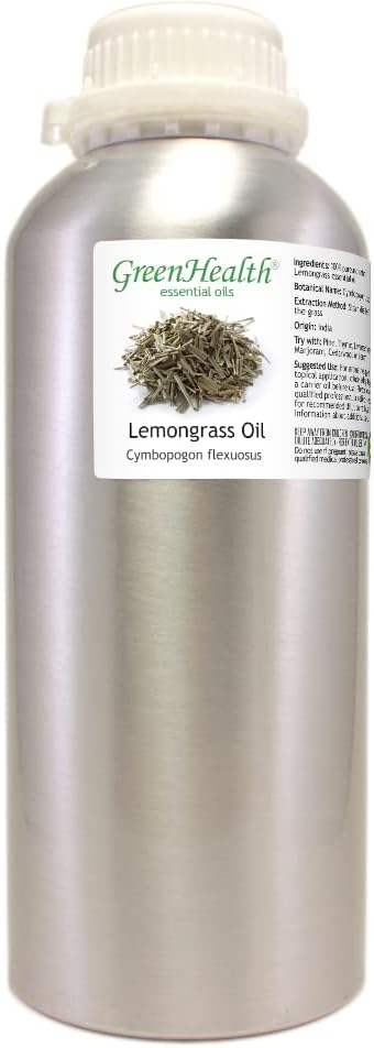 GreenHealth Lemongrass Essential Oil – 32 fl oz (946 ml) – 100% Pure & Uncut | Aluminum Bottle with Plug Cap for Cleaning, Candle Making, Air Care & DIY Use