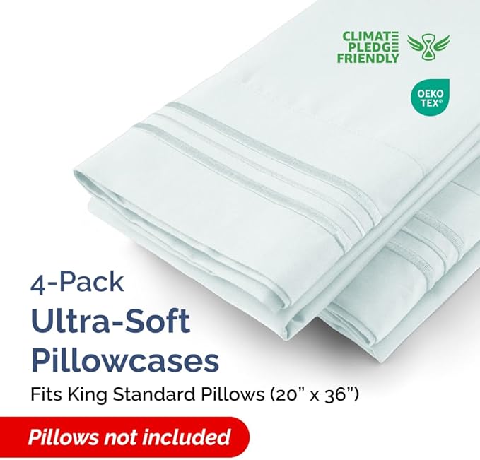 King Standard Pillow Cases Set of 4 - Soft Hotel Quality Pillowcase Covers - Comfy Bedding for Women, Men, Kids & Teens - Machine Washable Pillow Protectors - 4 Piece Set - King Standard Size Ice Blue