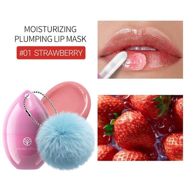YOUNG VISION Portable Lip Balm with Keychain, Hydrating Lip Mask Overnight, Cute Lip Sleeping Balm with Applicator, Day & Night Moisture Lip Care for Dry Lips - Strawberry, 0.17oz/5g