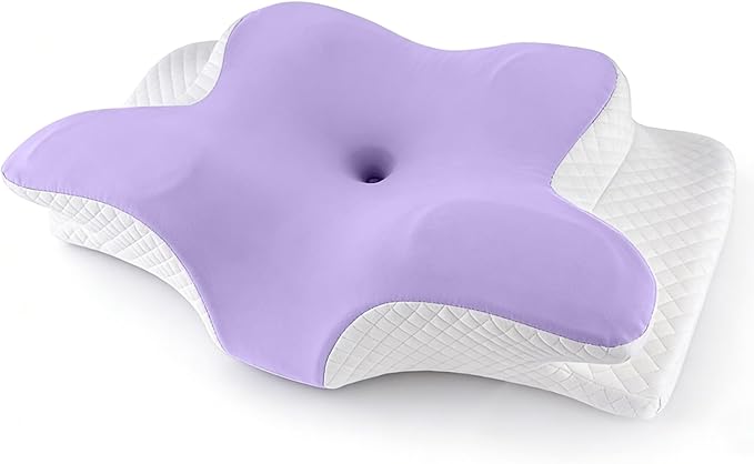 Memory Foam Neck Pillow - Adjustable Orthopedic Contour Pillow for Neck & Shoulder Support, Odorless, Side Back Stomach Sleeper Friendly, Enhanced Spinal Alignment - Light Purple
