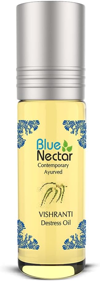 Blue Nectar Vishranti Destress Roll on and Meditation Oil with Cinnamon, Clove, Ginger, Mint Essential Oils (9 Herbs, 0.3 Fl oz)