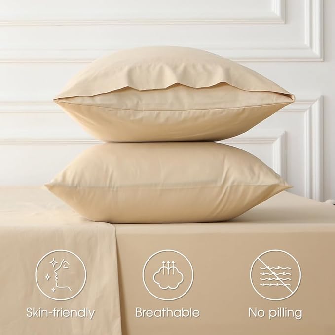 HYPREST Deep Pocket King Sheets Beige-100% Cotton Sheet Sets Fits 18"-24" in Deep Mattress, Hotel Luxury Soft Wrinkle Free Cooling Sheet Sets for King Bed Deep Pocket