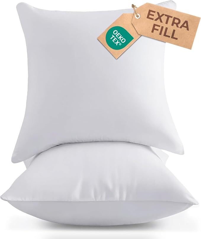 Throw Pillow Inserts 16x16 Set of 2 - Fluffy Down Alternative Fill - 10% More Fill Than Standard Loft - Plump Bounce-Back Support for Indoor & Outdoor Use - Hypoallergenic & Machine Washable - White