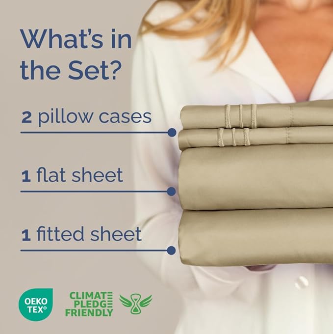 King Size 4 Piece Sheet Set - Comfy Breathable & Cooling Sheets - Hotel Luxury Bed Sheets for Women & Men - Deep Pockets, Easy-Fit, Extra Soft and Wrinkle Free Sheets - Beige Oeko-Tex Bed Sheet Set