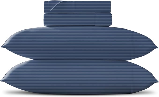 TEXAS LINEN CO. Luxury Egyptian Cotton King Size Sheet Set - Texan Talkin' Damask 600 Series 4 PC Deep Pocket Fitted and Flat Sheets, Cooling Extra Long Staple Sateen Hotel Bedding - Light Blue Stripe