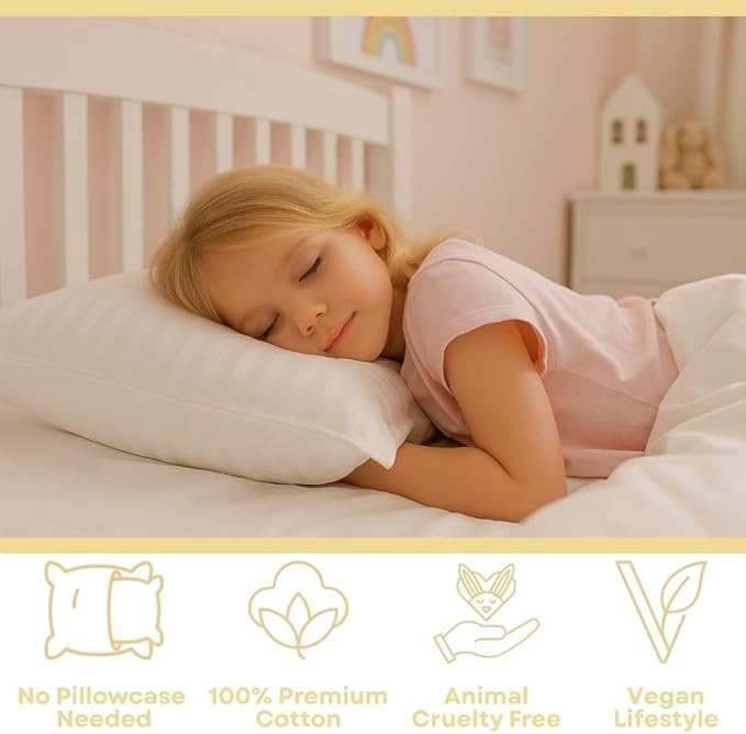 kinder Fluff Toddler Pillow 2X–Certified Hypoallergenic Award Winning Baby Pillow (no Pillowcase Needed) 300TC Pure Cotton Shell and Down Alternative Fill. Toddler Bedding Kids Pillow 4+ Yellow