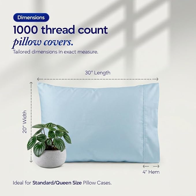 1000 TC Pillowcases Set of 2 100% Egyptian Cotton Pillow Cases with Long Staple Cotton & Sateen Weave, Silky Soft Hotel Like Bed Pillow Covers, Snug Fit (Light Blue, 2 Pc Standard/Queen Pillowcases)