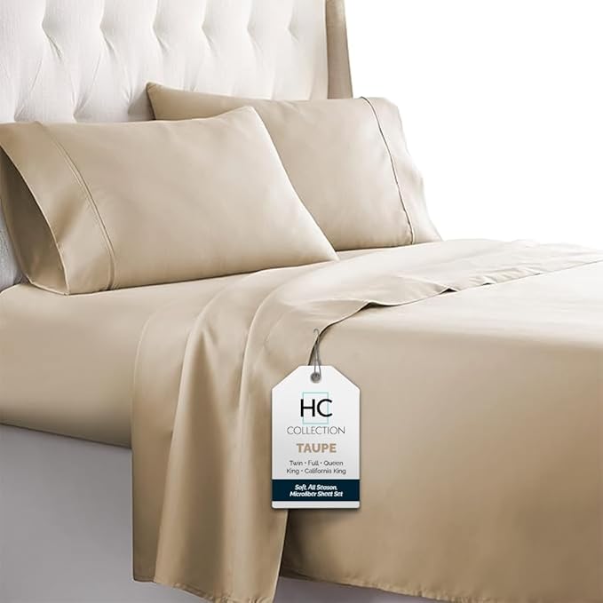 HC COLLECTION Bed Sheets Full Size Set, Hotel Luxury Platinum 1800 Series Brushed Microfiber Sheet w/Pillow Cases, Ultra Soft Lightweight 4 Pcs Bedding for Hot Sleepers Men Women Teens, Taupe
