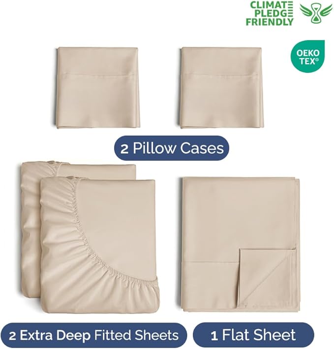 Extra Deep Split King Sheet Set - 5 Piece Breathable & Cooling Bed Sheets - Easily Fits 18 to 24 inch Mattress - Ultra Soft, Wrinkle & Fade Free w/ Extra Deep Pockets - Hotel Luxury Bedding - Wheat