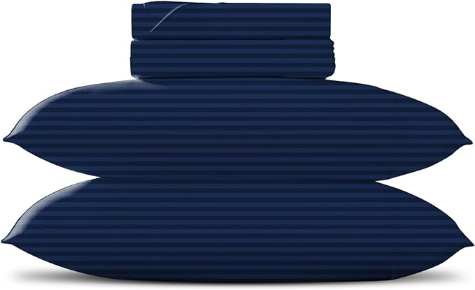TEXAS LINEN CO. Luxury Egyptian Cotton Queen Size Sheet Set - Texan Talkin' Damask 600 Series 4 PC Deep Pocket Fitted and Flat Sheets, Cooling Extra Long Staple Sateen Hotel Bedding - Navy Blue Stripe
