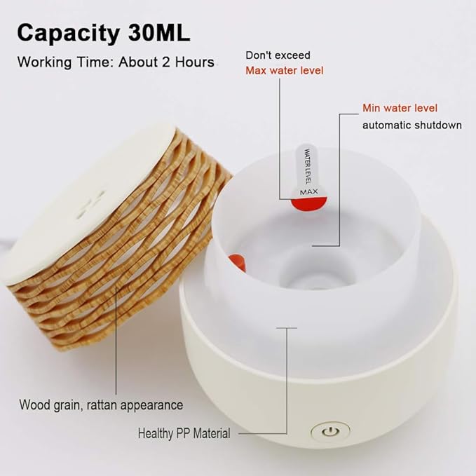Small Essential Oil Diffusers，30ml Mini Diffuser for Essential Oils，Wood Grain Ultrasonic Diffusers，Fine Mist Waterless Auto-off Night Light Aromatherapy Oil Diffuser for Bedroom Office Gift