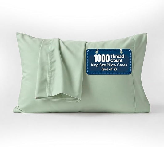 1000 TC Pillowcases Set of 2 100% Egyptian Cotton Pillow Cases with Long Staple Cotton & Sateen Weave, Silky Soft Hotel Like Bed Pillow Covers, Snug Fit (Sage, 2 Pc King)