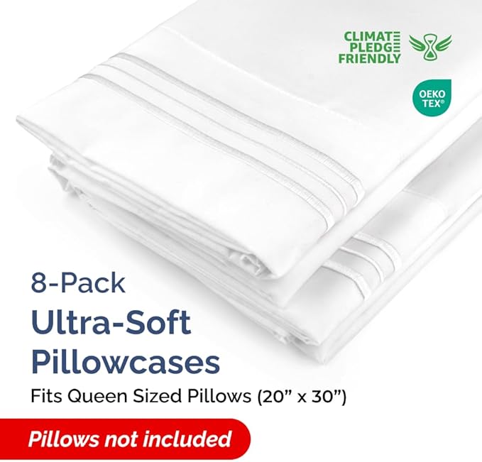 Queen Pillow Cases Set of 8 - Ultra Soft Hotel Quality Pillowcase Covers - Comfy & Wrinkle Free - Shrink, Stain & Fade Resistant - Easy-Care, Machine Washable Pillow Protectors - 8 Piece Set - White
