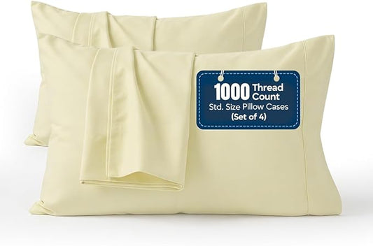1000 TC Pillowcases Set of 4 100% Egyptian Cotton Pillow Cases with Long Staple Cotton & Sateen Weave, Silky Soft Hotel Like Bed Pillow Covers, Snug Fit (Ivory, 4 Pc Standard/Queen Pillowcases)