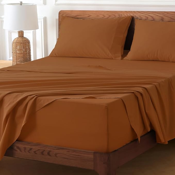HYPREST Extra Deep Pocket Cal King Sheet Sets Fits 18"-24" in Deep Mattress -100% Cotton California King Sheet Set, Burnt Orange Hotel Luxury Soft Sheet Sets Breahtable No Slipping
