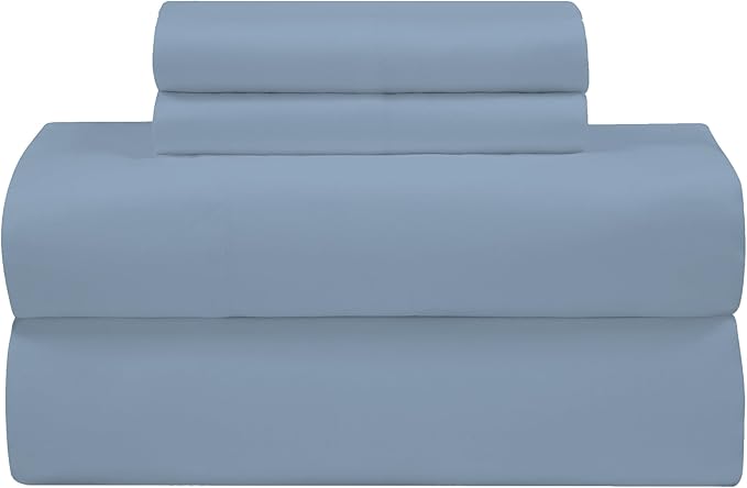 ROYALE LINENS 300 Thread Count Cotton Sateen Sheet Set - 4 Piece Twin Bed Sheets - 1 Fitted, 1 Flat & 2 Pillow Cases - Soft Cool & Crisp Sheet Set (Twin, Dusty Blue)