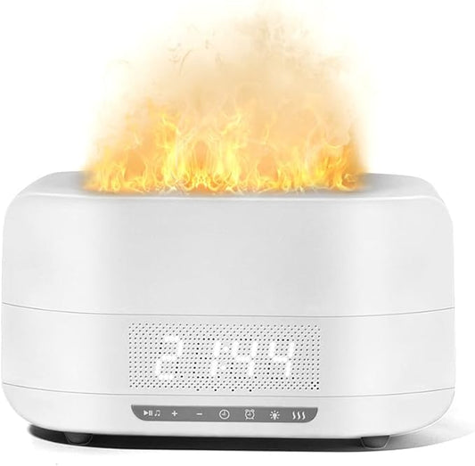 Aroma Essential Oil Diffuser & Humidifier 400mL, 5-in-1 Flame Effect Ultrasonic Diffuser with Bluetooth Speaker, LED Night Light & Clock, Quiet Diffuser for Bedroom Sleep Relaxation (White)