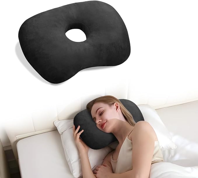 Ear Piercing Hole Pillows Side Sleeper Pillow with an Ear Hole for CNH Side Sleepers and Ear Inflammation Pressure Sores, Adjustable Cotton and Polyester Curved Side Pillow, Black
