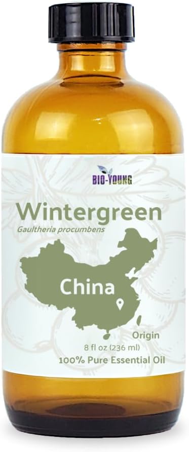 Wintergreen Essential Oil - Direct from Bio-Young Aromas China - Steam Distilled - Aceite de Gaulteria for Aromatherapy, Massage, Diffuser, DIY Candle and Soap Making - 8oz