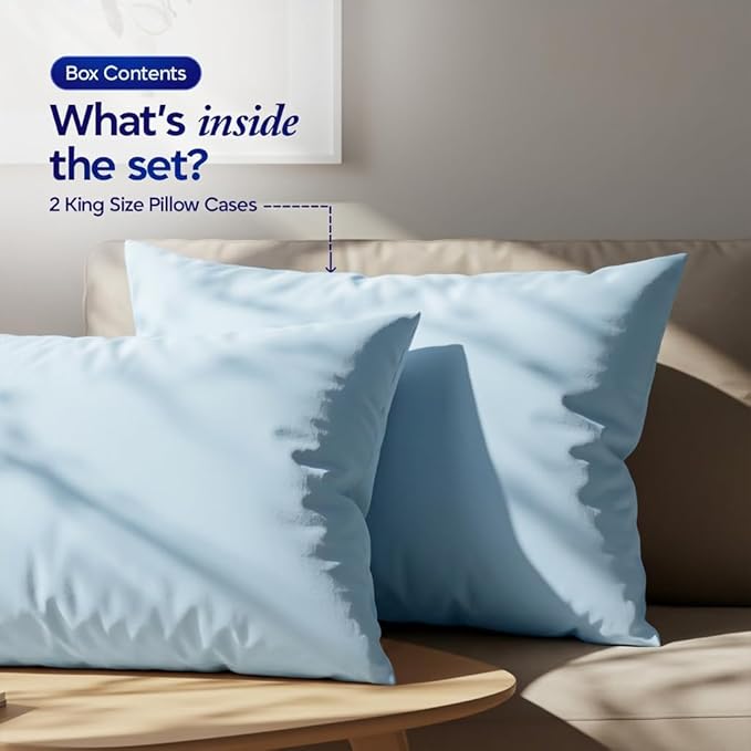 1000 TC Pillowcases Set of 2 100% Egyptian Cotton Pillow Cases with Long Staple Cotton & Sateen Weave, Silky Soft Hotel Like Bed Pillow Covers, Snug Fit (Light Blue, 2 Pc King)