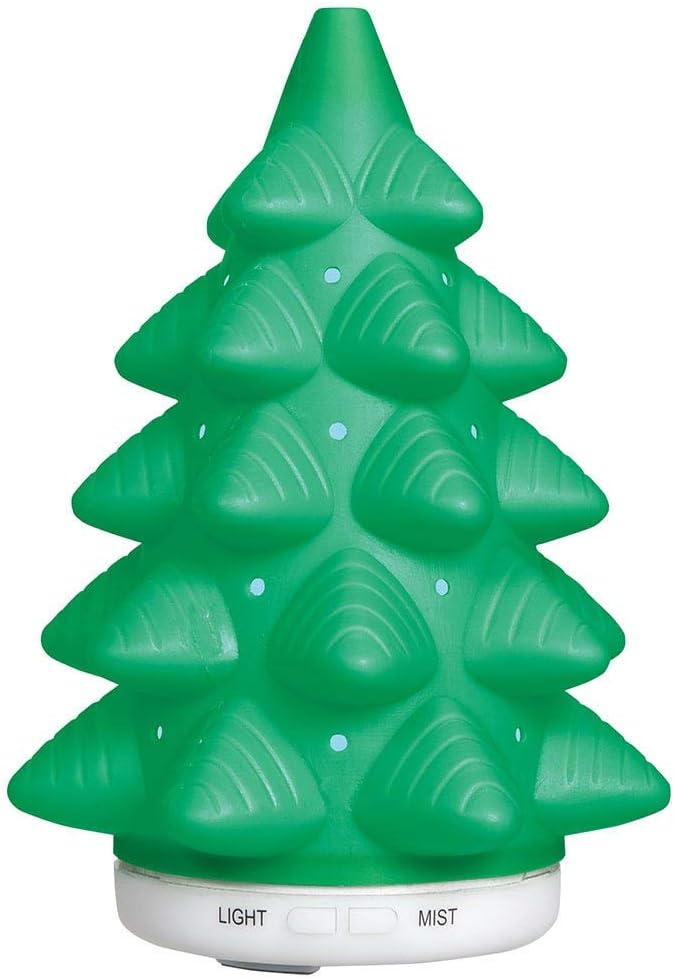 Pure Essential Oil Works LED Ultrasonic Christmas Tree Diffuser, Extra-Large 5.4 oz. Reservoir with Two Mist Options, Seven LED Light Colors, 6" Round x 9" H, Green