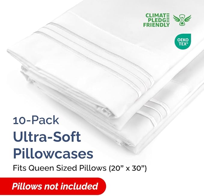Queen Pillow Cases Set of 10 - Ultra Soft Hotel Quality Pillowcase Covers - Comfy & Wrinkle Free - Shrink, Stain & Fade Resistant - Easy-Care, Machine Washable Pillow Protectors - 10 Pcs Set - White