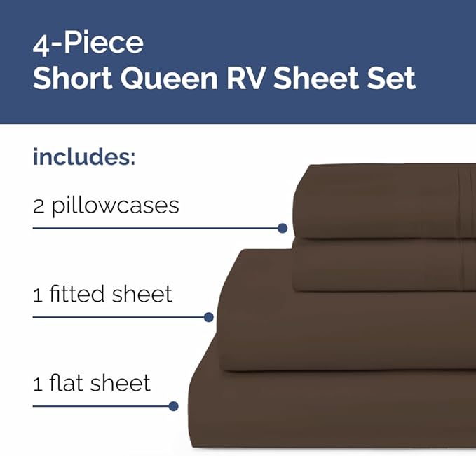 Short Queen Size 4 Piece Sheet Set - RV Short Queen, Ultra-Soft, Breathable & Cooling Bed Sheets Set with Deep Pockets - Hotel Luxury Bedding for Women & Men - Wrinkle Free & Fade Resistant - Brown