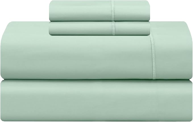 Feather & Stitch 500 TC Split King Size Sheet Set, 5 Piece Bed Sheets Set-2 Twin Fitted Sheet, 1 King Flat Sheet & 2 King Pillowcases, 18" Deep Pockets Sateen Weave Striped Bedsheet - (Soft Sage)