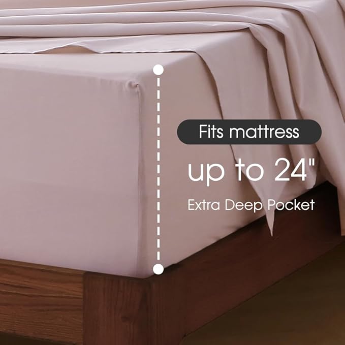 HYPREST Extra Deep Pocket Queen Sheet Sets Fits 18"-24" in Deep Mattress -100% Cotton Queen Sheet Set,Pink Hotel Luxury Soft Wrinkle Free Cooling Sheet Sets for Queen Bed Deep Pocket
