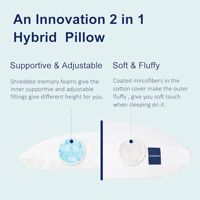 ACCURATEX Pillows Standard Size Set of 2, Hybrid Shredded Memory Foam Pillow[Adjustable Loft], Fluffy Down Alternative Fill Removable Cotton Cover, Firm Supportive Pillow for Side Back Sleepers