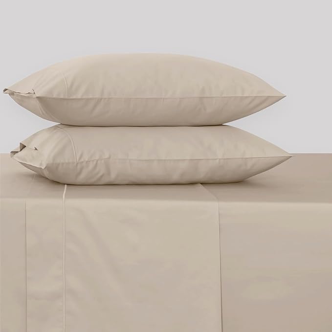 Feather & Stitch 500 TC Twin Size 3pc Damask Bed Sheet Set, 100% Soft Cotton Breathable Bedsheets, 18" Deep Pockets Sateen Weave Solid Bedding Mattress Resort Hotel Luxury Decor - (Champagne Beige)