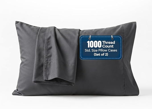 1000 TC Pillowcases Set of 2 100% Egyptian Cotton Pillow Cases with Long Staple Cotton & Sateen Weave, Silky Soft Hotel Like Bed Pillow Covers, Snug Fit (Dark Gray, 2 Pc Standard/Queen Pillowcases)