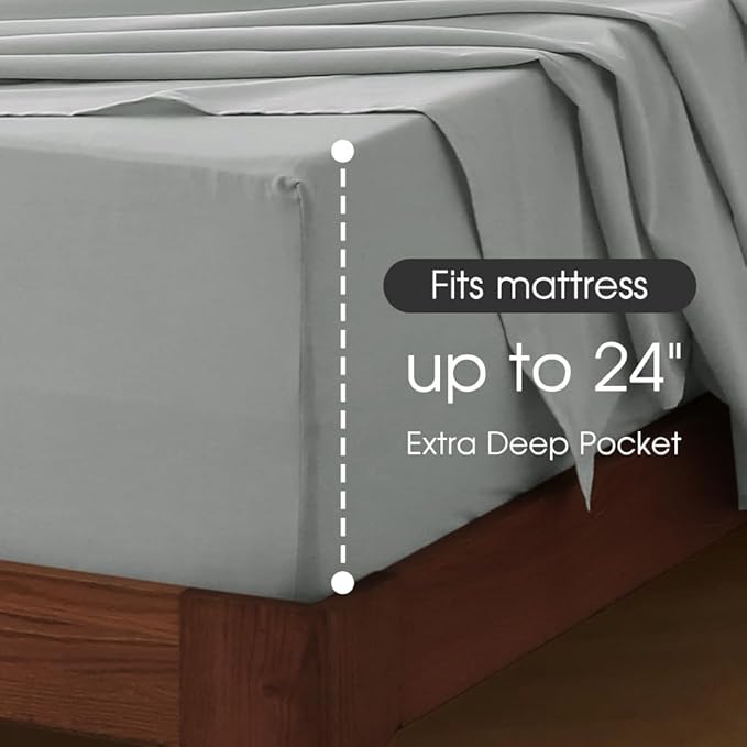 HYPREST Extra Deep Pocket Cal King Sheet Sets Fits 18"-24" in Deep Mattress -100% Cotton California King Sheet Set, Light Grey Sheets Soft Sheet Sets Breahtable No Slipping