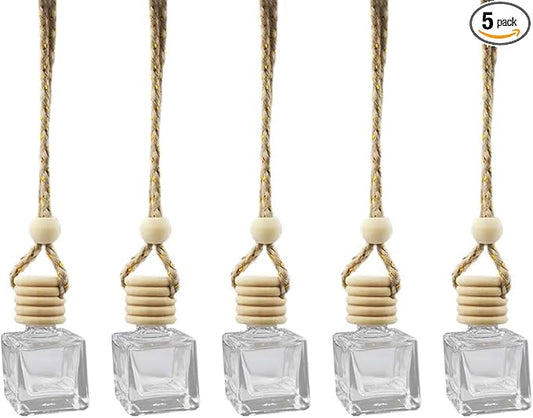 5PCS Hanging Car Rear View Mirror Charm - 8ml Empty Glass Bottle Pendant Automobile Interior Decoration for Rearview Mirror Ornament (Square)