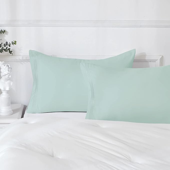 YIYEA California King Pillow Cases Set of 4, Ultra Soft 1800TC Hotel Quality Double Brushed Microfiber Embroidered Pillowcases, Envelope Closure, Fade Resistant (20"x40", Aqua)