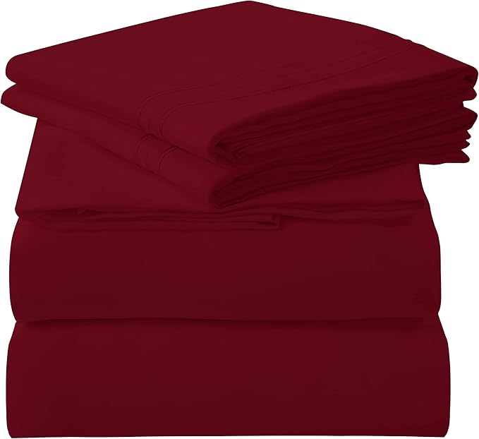 ROYALE LINENS 4 Piece Cal King Sheets Set - Soft Brushed 1800 Microfiber - 1 Fitted, 1 Flat Sheet, 2 Pillow Cases - Wrinkle Free & Fade Resistant - Hotel Luxury Bed Sheets (Burgundy, Cal King)